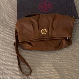 Tory Burch Chestnut Brown Leather Fold-Over Wristlet with Gold Emblem